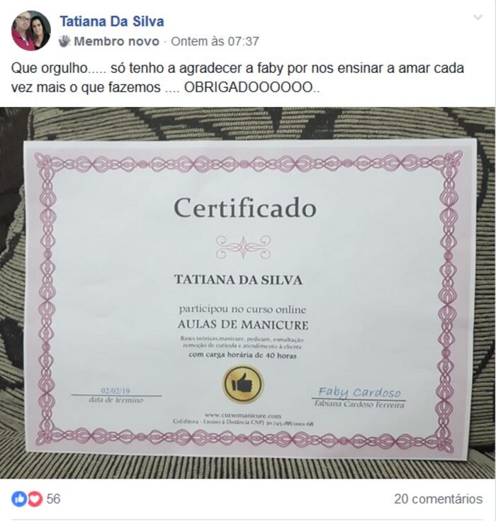 Certificado recebido por aluna do curso